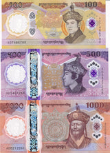 Bhutan SET 3 XF/AU 100 500 1000 Ngultrum 2025 2026 70th Commemorative Polymer
