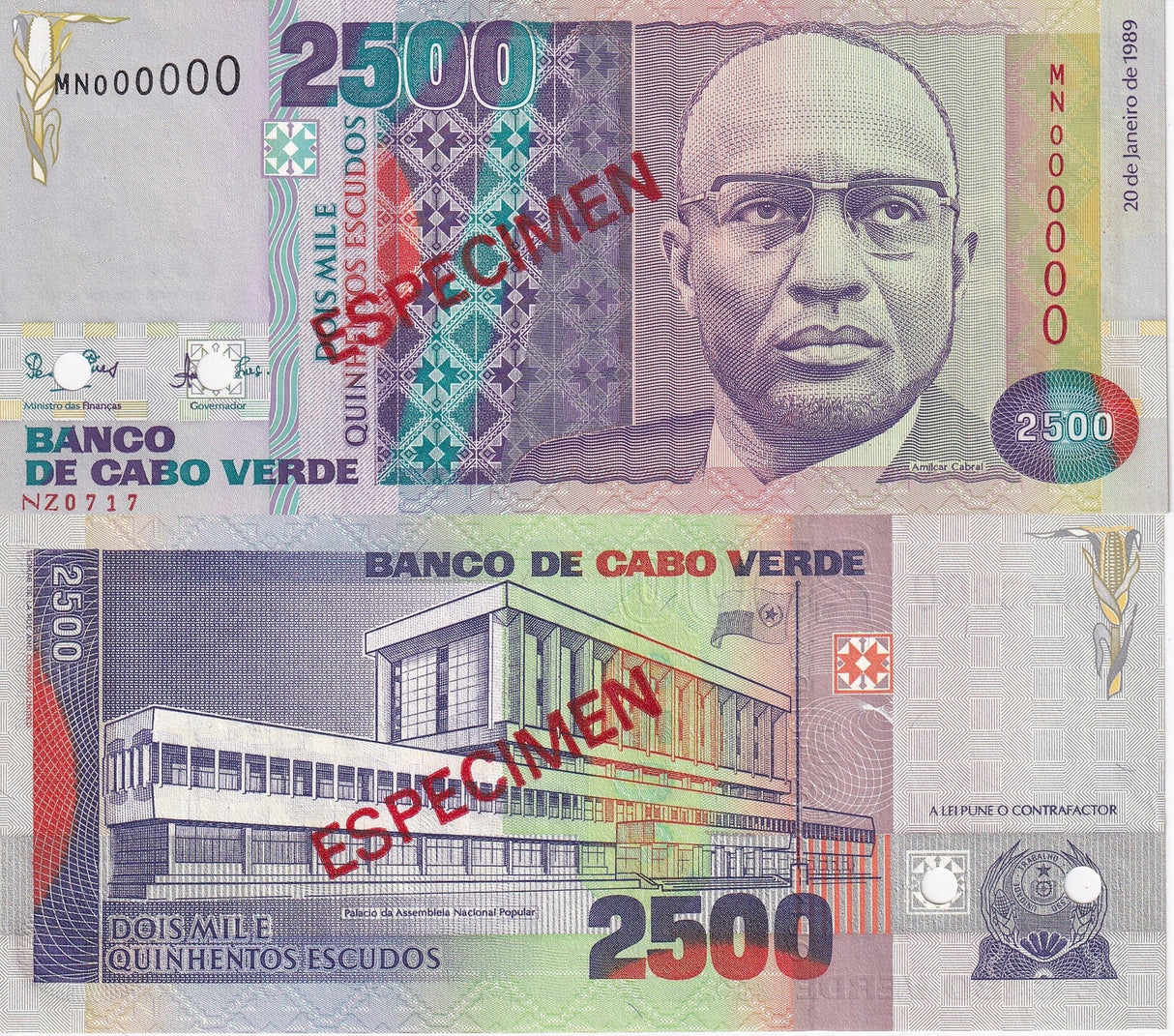 Cape Verde 2500 Escudos 1989 P 61 S SPECIMEN UNC ,National People's Assembly