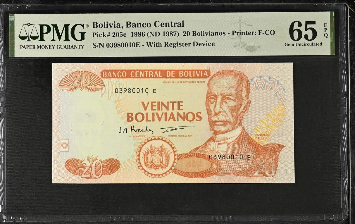 Bolivia 20 Bolivianos 1986 ND 1987 P 205 c Gem UNC PMG 65 EPQ