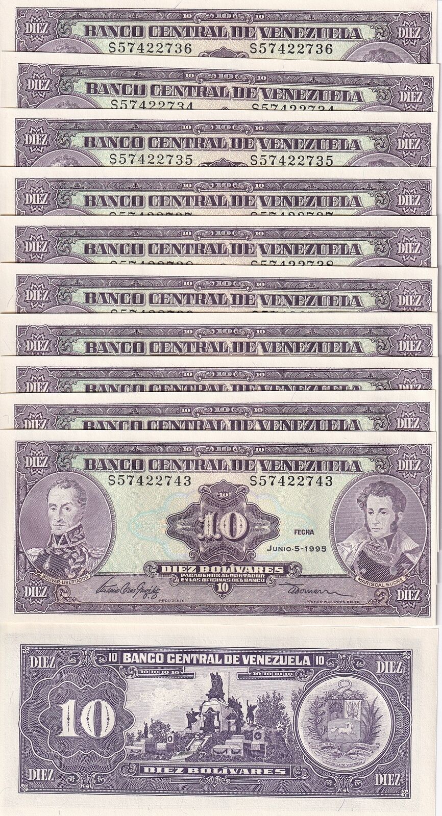 Venezuela 10 Bolivares 1995 P 61 d UNC LOT 10 PCS