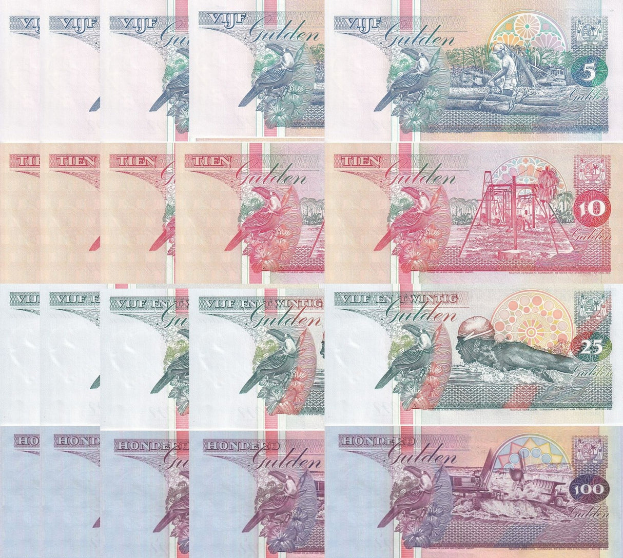 Suriname SET 4 X LOT 5 =20 UNC 5 10 25 100 Gulden Random Years P 136 137 138 139