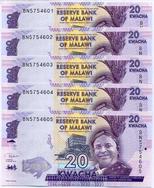 MALAWI 20 KWACHA 2019 P 63 UNC LOT 10 PCS 1/10 BUNDLE
