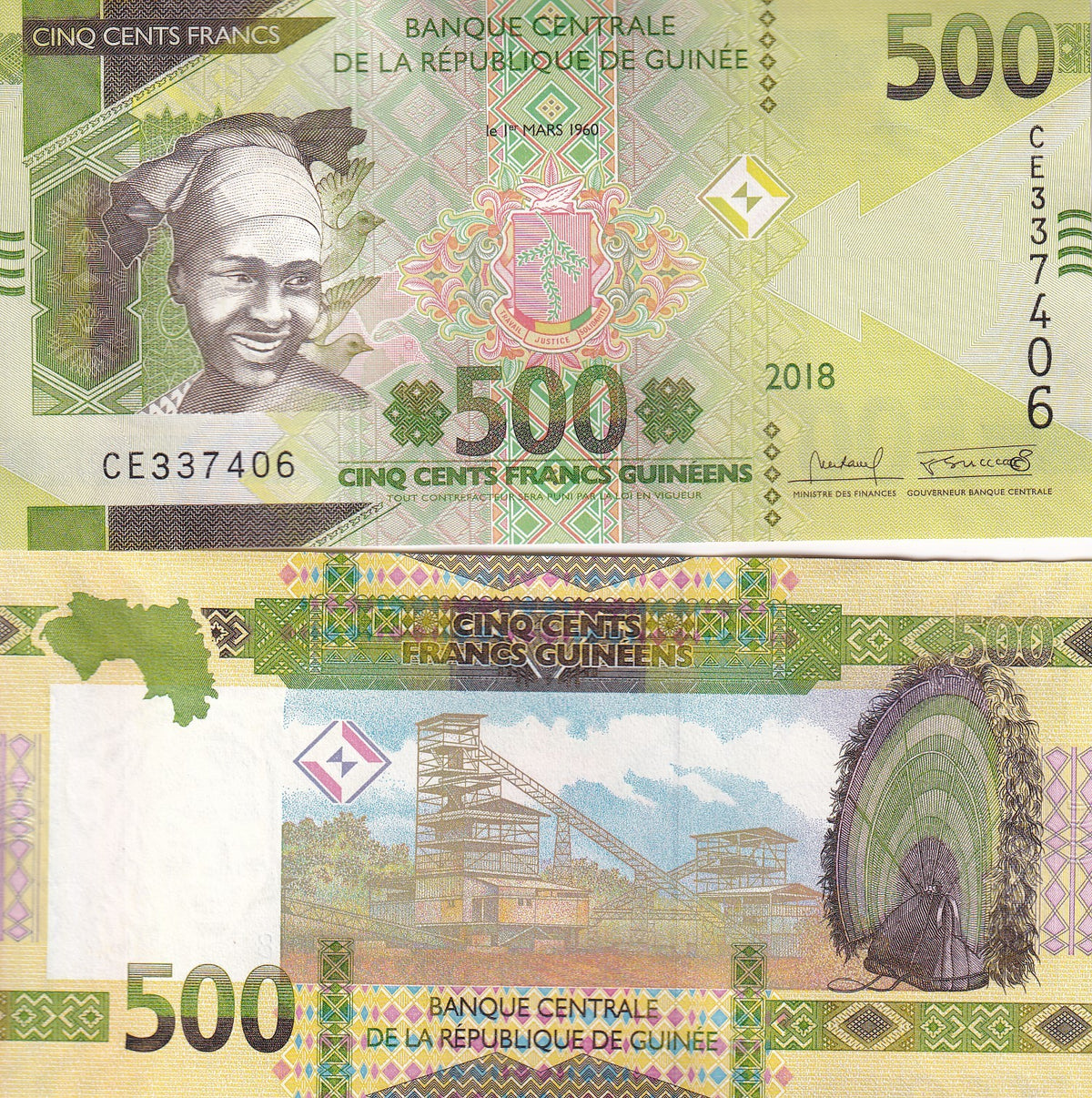 Guinea 500 Francs 2018 P 52 UNC , Woman Mining conveyor