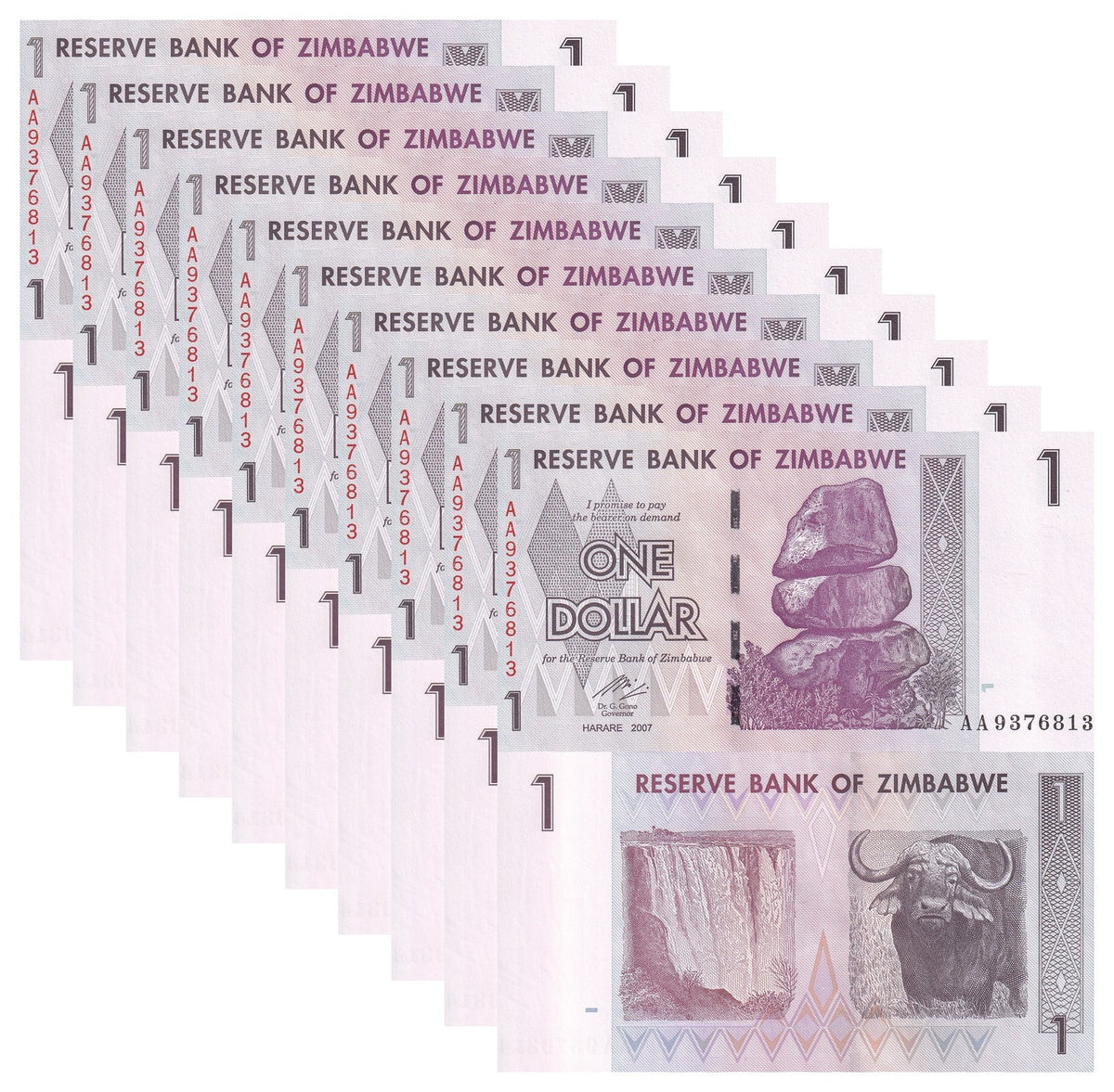 Zimbabwe 1 Dollar 2007 P 65 UNC LOT 10 PCS , Chiremba balancing rock formation