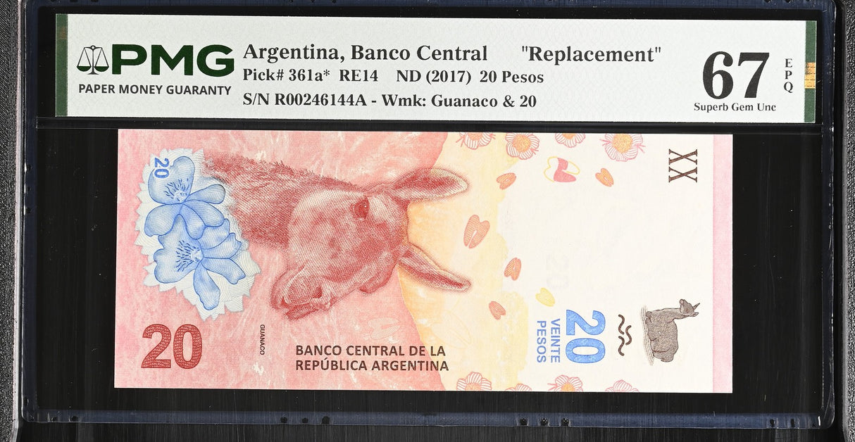 Argentina 20 Pesos ND 2017 P 361 a* Replacement Superb Gem UNC PMG 67 EPQ TOP