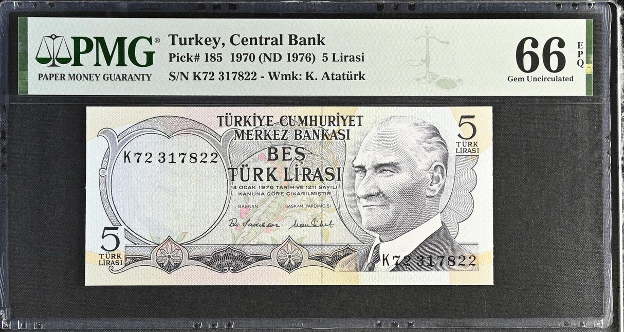 TURKEY 5 Lirasi 1970 ND 1976 P 185 Gem UNC PMG 66 EPQ