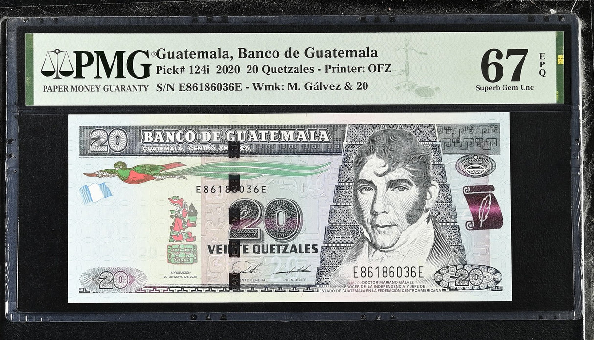 Guatemala 20 Quetzales 2020 P 124 i Superb Gem UNC PMG 67 EPQ TOP