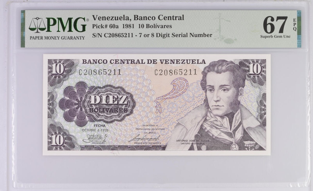 Venezuela 10 Bolivares 1981 P 60 a Superb Gem UNC PMG 67 EPQ