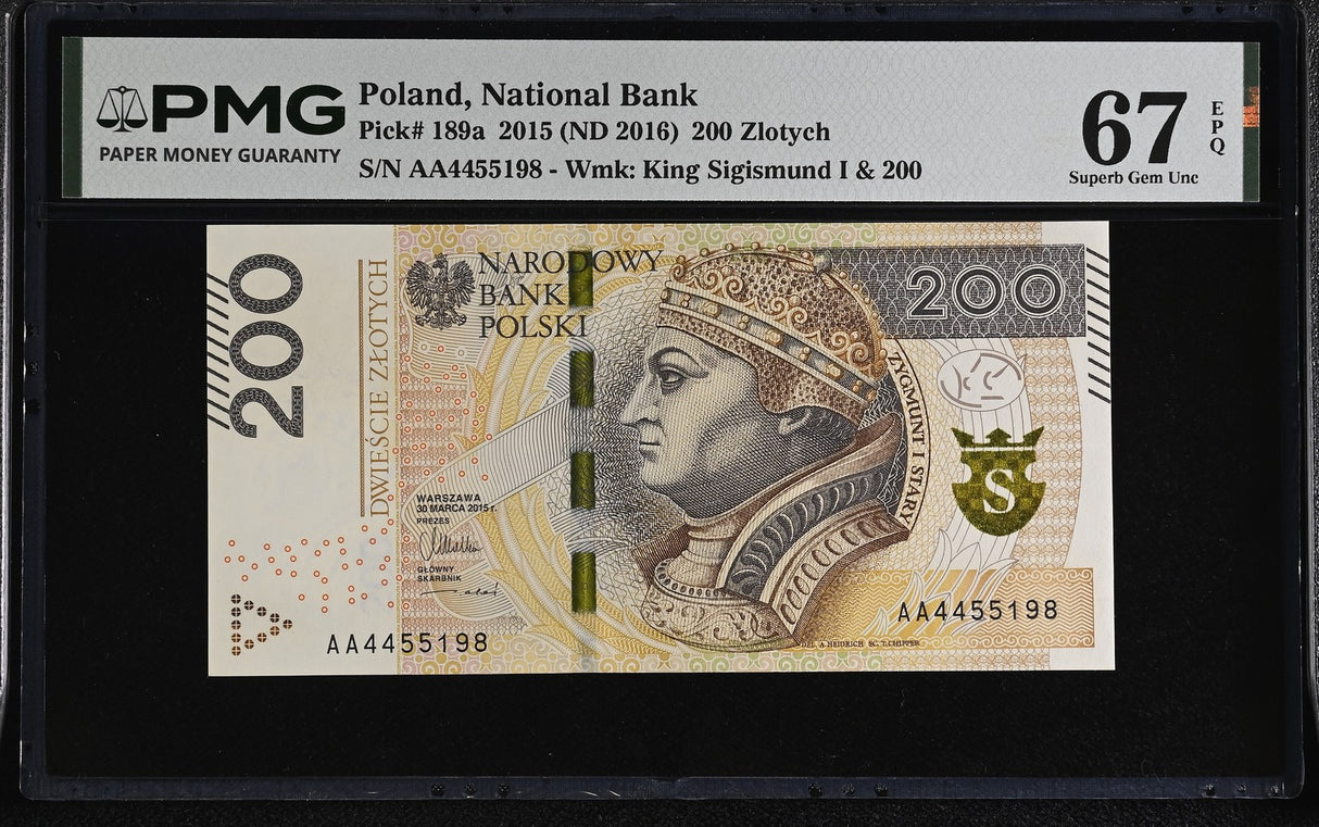 Poland 200 Zlotych 2015 ND 2016 AA Prefix P 189 a Superb Gem UNC PMG 67 EPQ