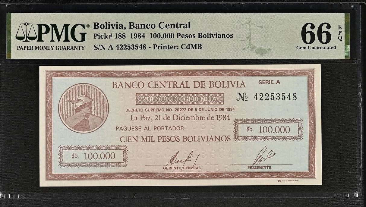 Bolivia 100000 Pesos Bolivianos 1984 P 188 Gem UNC PMG 66 EPQ