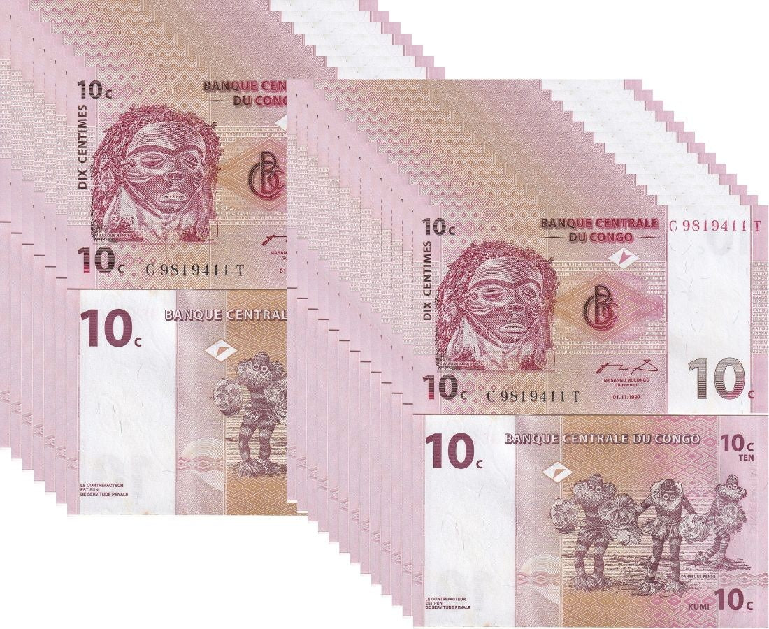 Congo 10 Centimes 1997 P 82 UNC Little Yellow Tone LOT 20 PCS