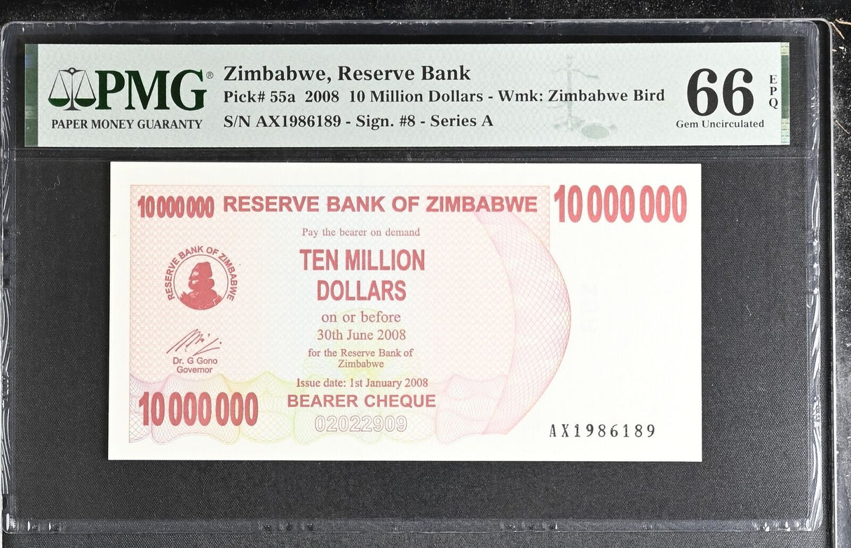 Zimbabwe 10 Million Dollars 2008 P 55 a Gem UNC PMG 66 EPQ