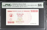 Zimbabwe 10 Million Dollars 2008 P 55 a Gem UNC PMG 66 EPQ