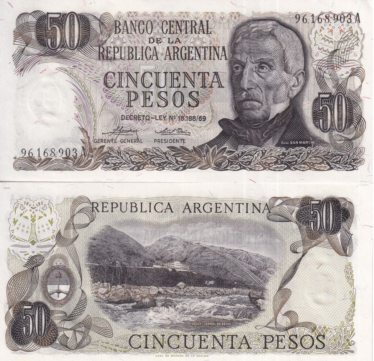 Argentina 50 Pesos ND (1974-1975) SERIES B P 296 UNC ,Termes de Reyes, Jujuy