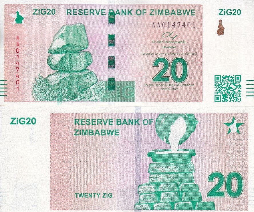 Zimbabwe SET 2 AUnc 10 20 ZiG 2024 P 110 111 AU Gold Reserve Backed With QR Code