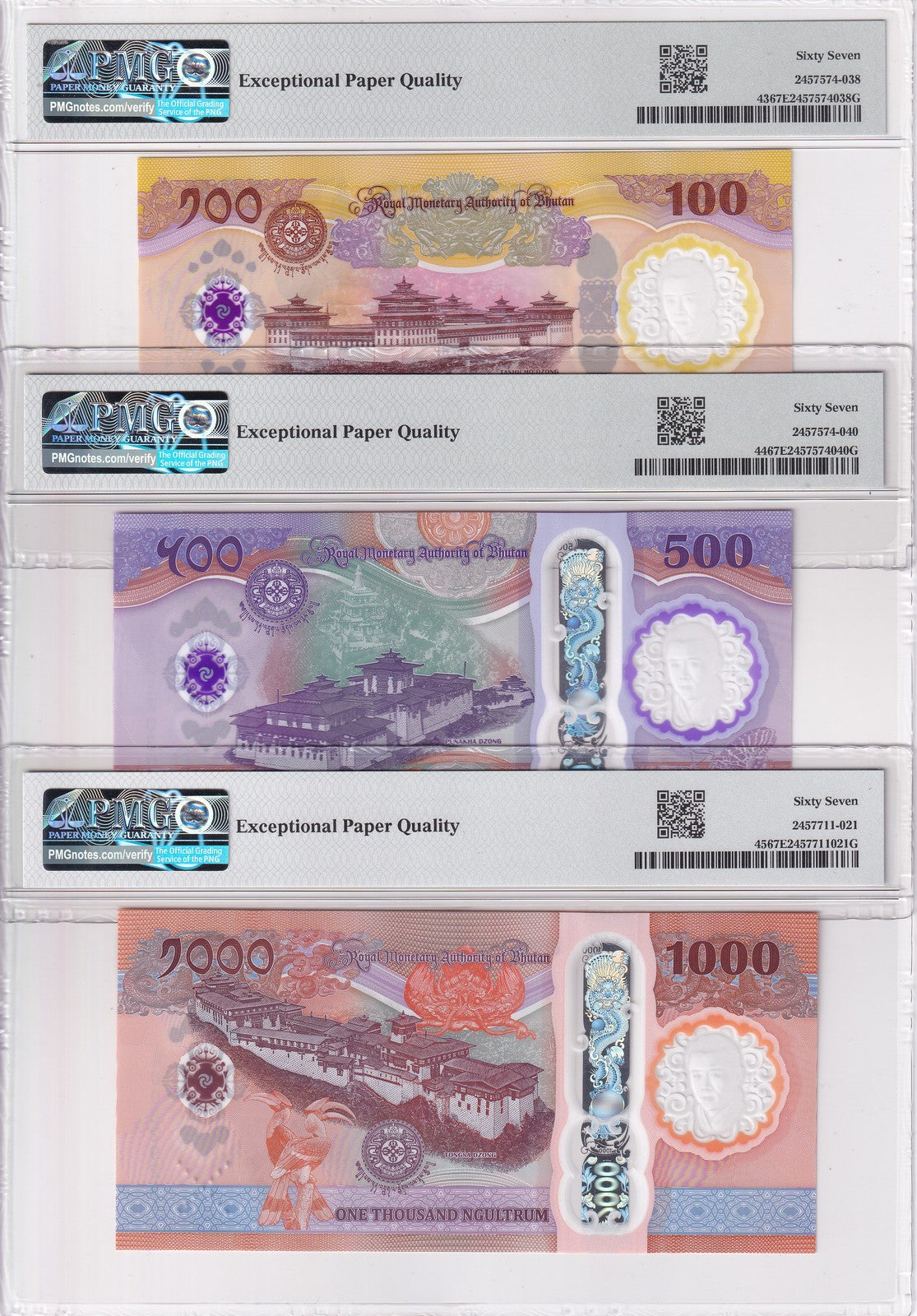 Bhutan Set 3;100 500 1000 Ngultrum 2025 P 43 P 44 P 45 Superb Gem UNC PMG 67 EPQ