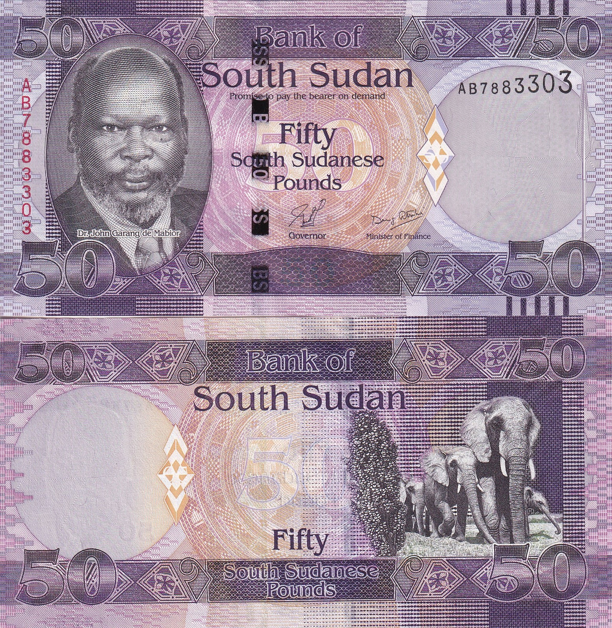 South Sudan 50 Pounds ND 2011 P 9 UNC, Dr. John Garang de Mabior , Elephants