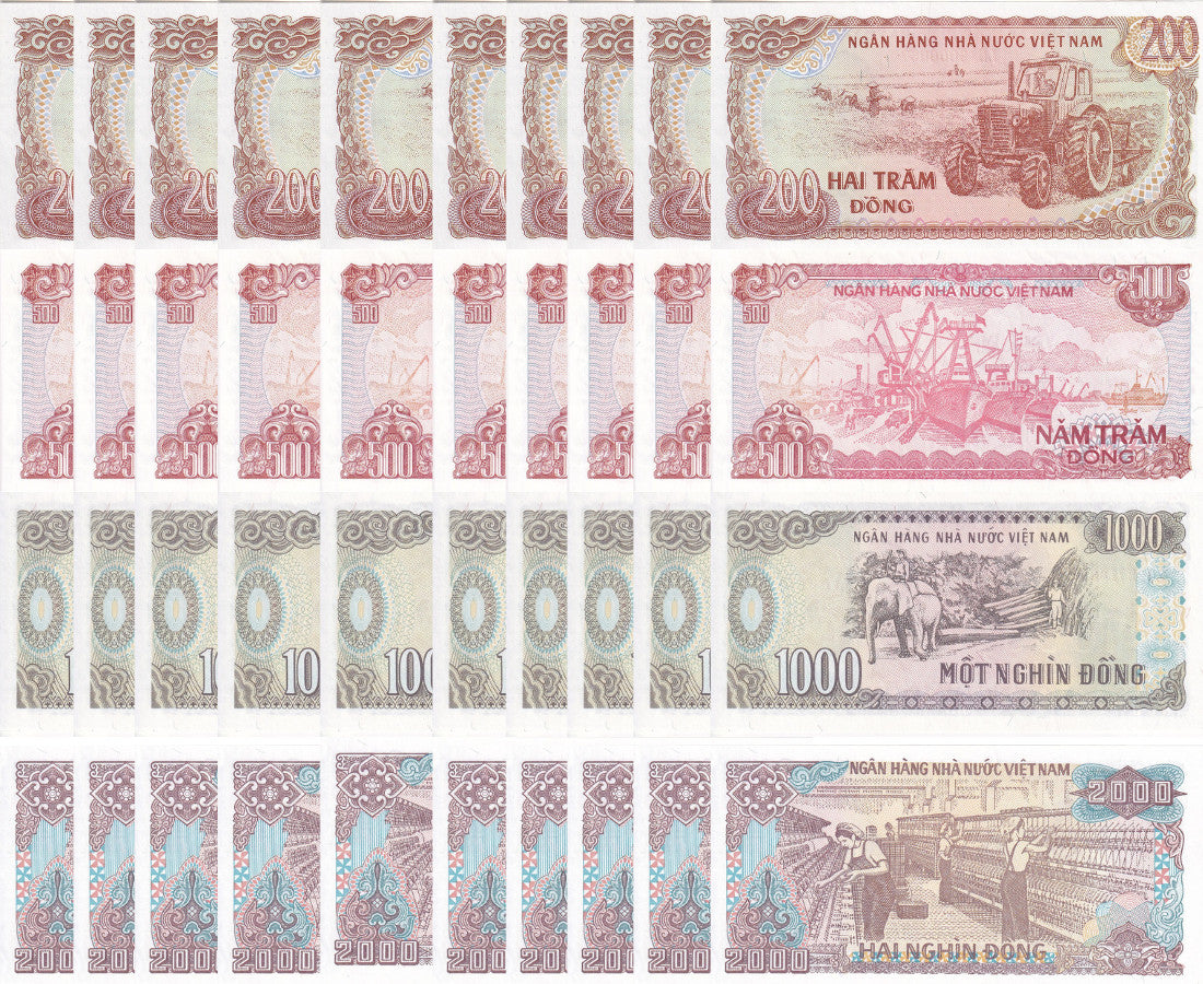 Vietnam Set 4 x Lot 10 = 40 UNC 200 500 1000 2000 1987 1988 P 100 101 106 107