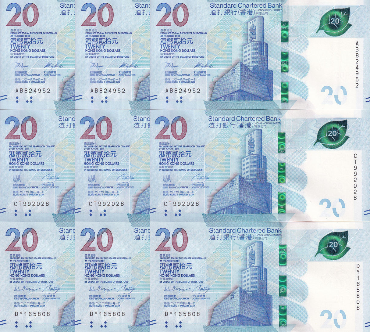 Hong Kong Set 3 X LOT 3 = 9 UNC 20 Dollars Mixed Years P 218 302 348 SCB