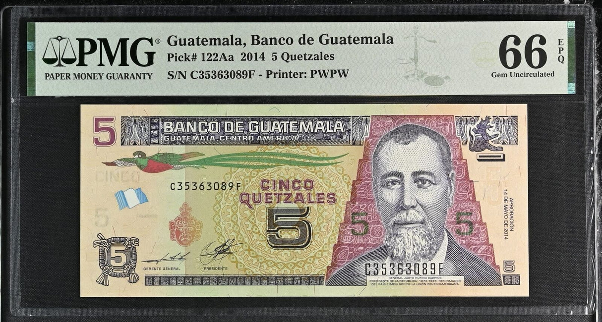 Guatemala 5 Quetzales 2014 P 122Aa Gem UNC PMG 66 EPQ