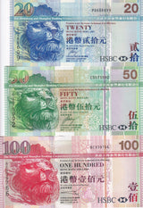 Hong Kong Set 3 UNC 20 50 100 Dollars Random Year P 207 208 209 HSBC Lion
