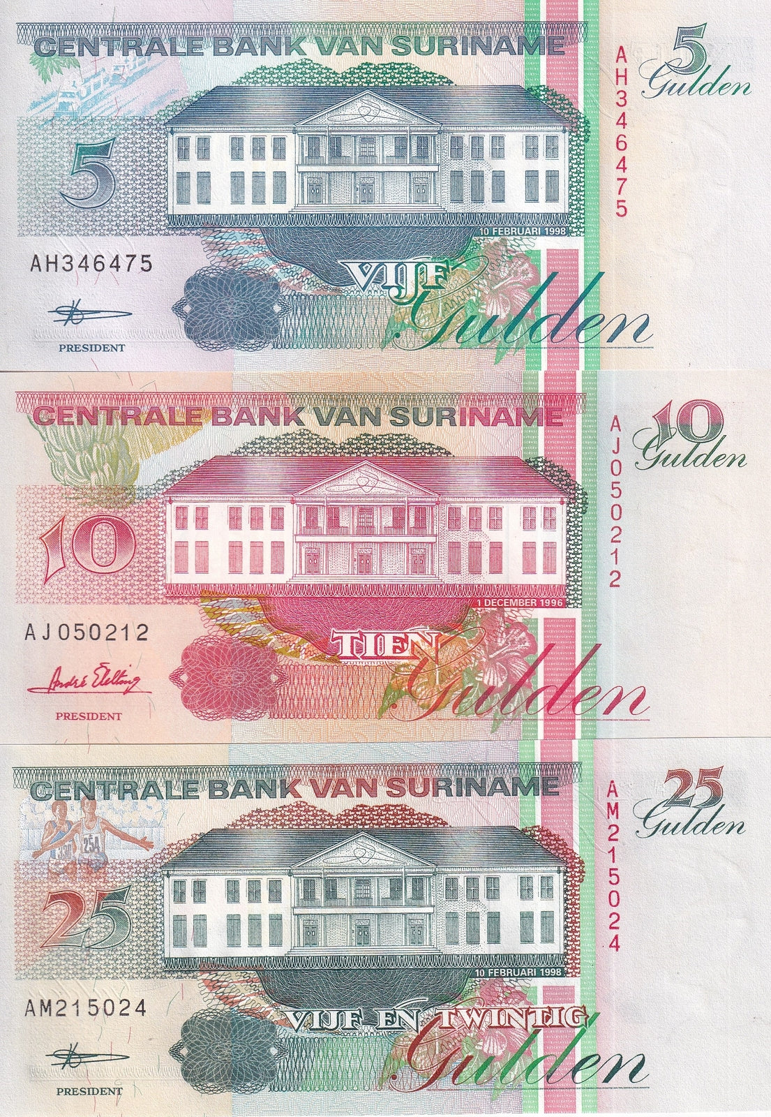 Suriname Set 3 UNC 5 10 25 Gulden Random Years P 136 137 138