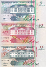 Suriname Set 3 UNC 5 10 25 Gulden Random Years P 136 137 138