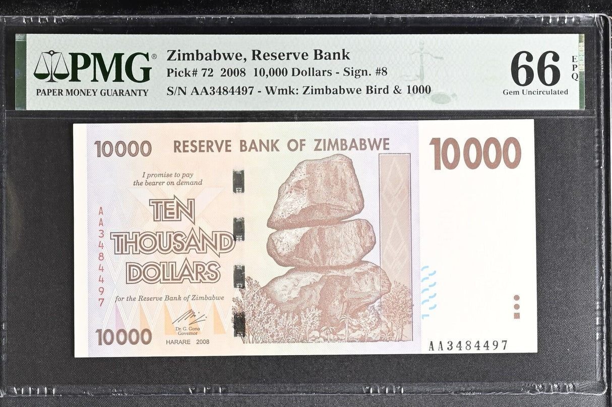 Zimbabwe 10000 Dollars 2008 P 72 Gem UNC PMG 66 EPQ