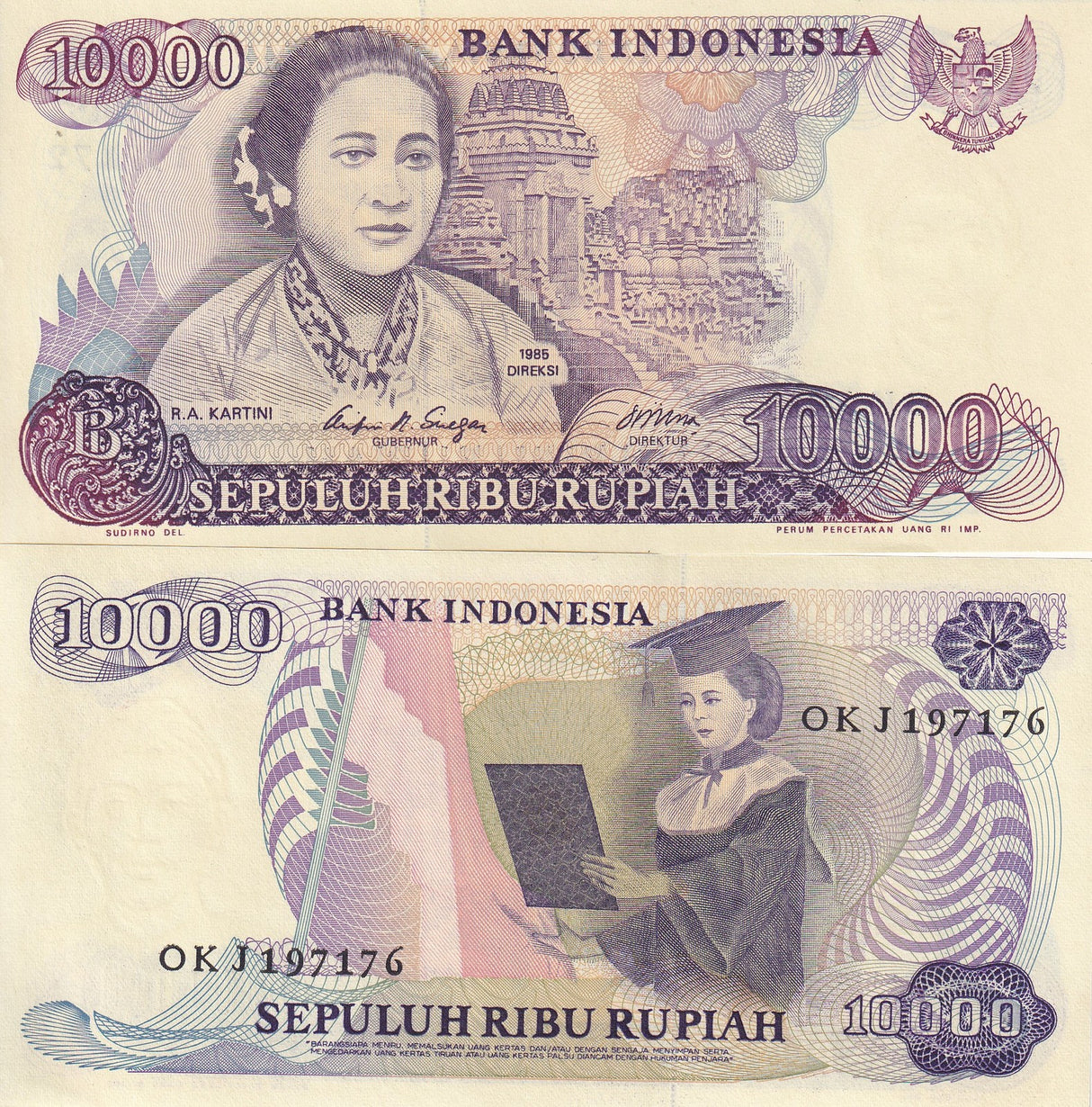 Indonesia 10000 Rupiah 1985 P 126 Graduate ,Prambanan temple UNC