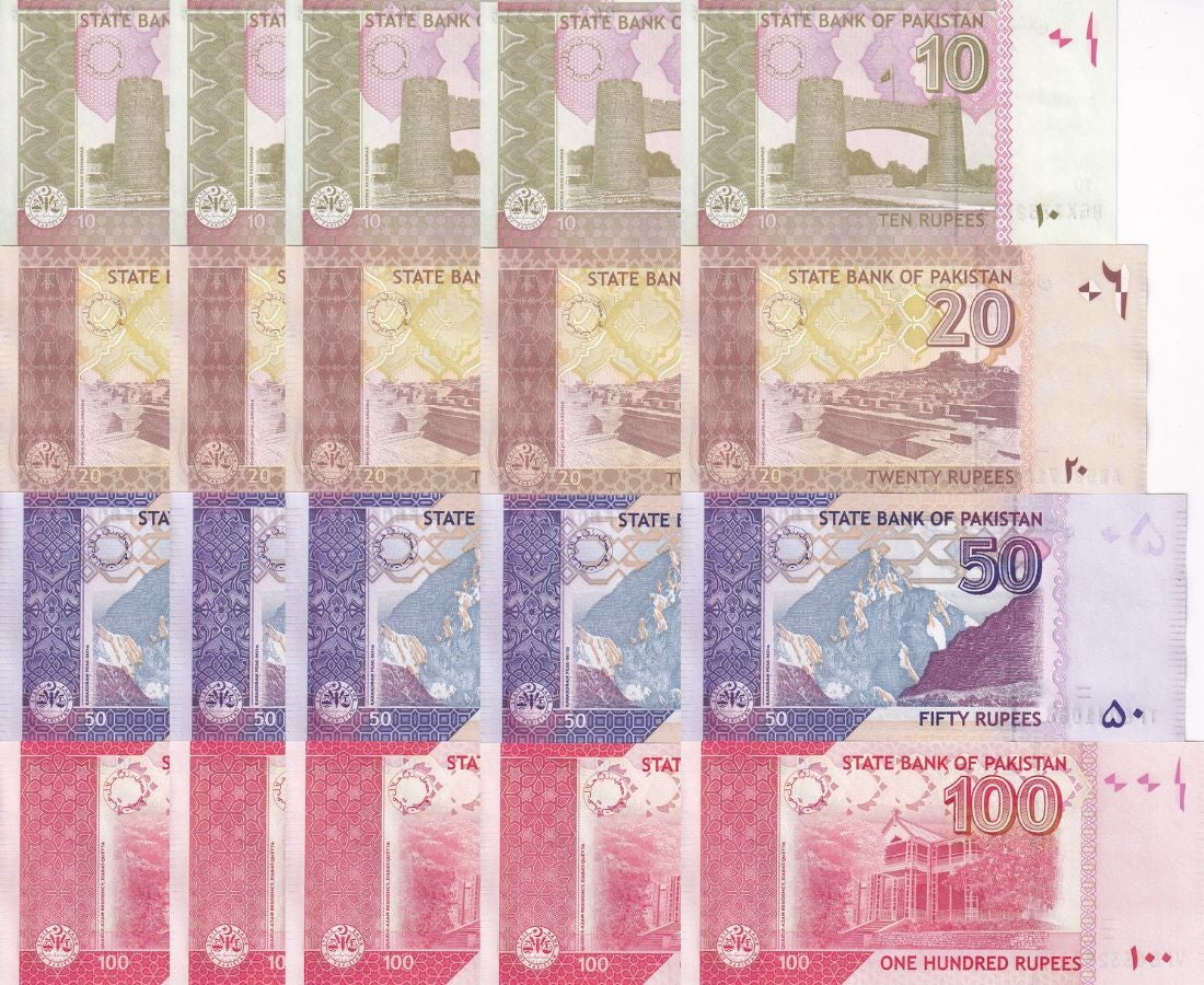 Pakistan Set 4 x LOT 5 = 20 UNC 10 20 50 100 Rupees RANDOM DATE P 45 46 47 48