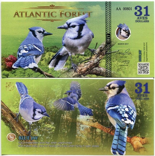 ATLANTIC FOREST 31 AVES DOLLARS BIRD BLUE JAY 2017 AA Prefix UNC