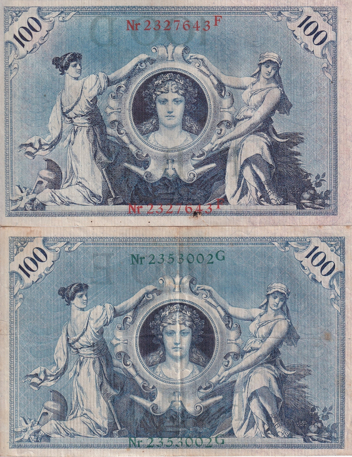 Germany SET 2 , 100 Mark 1908 Green + Red Seal P 33 34 Fine Used Circulated