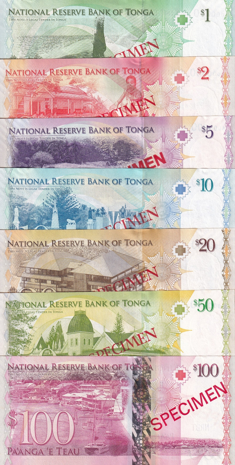 Tonga Set 7 UNC SPECIMEN 1 2 5 10 20 50 100 Pa'anga ND 2008 P 37 38 39 40 - 43