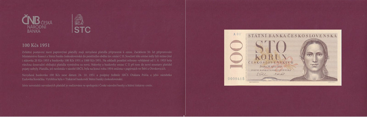 Czechoslovakia 100 Korun 1951/2023 P 76 Official Reprint W/Folder UNC