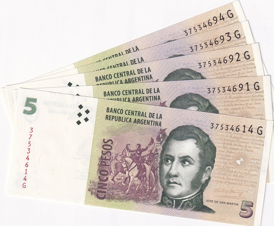 Argentina 5 Pesos ND 2012 P 353 Mixed Suffix UNC LOT 5 UNC ,Mendoza