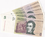 Argentina 5 Pesos ND 2012 P 353 Mixed Suffix UNC LOT 5 UNC ,Mendoza