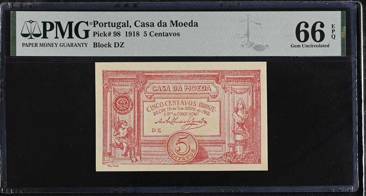 Portugal 5 Centavos Bronze 1918 P 98 Gem UNC PMG 66 EPQ