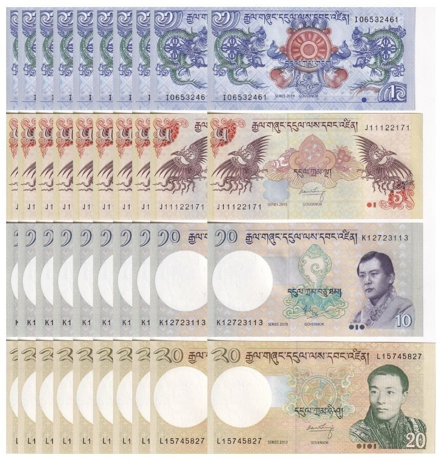 Bhutan Set 4 x 10 Sets = 40 UNC 1 5 10 20 Ngultrum Mixed Year P 27 28 29 30 NHB