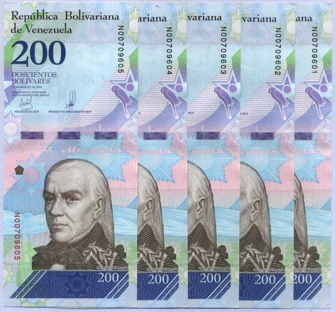 Venezuela 200 Bolivares March 2018 P 107 UNC Lot 5 Pcs, Guacamayo verde bird