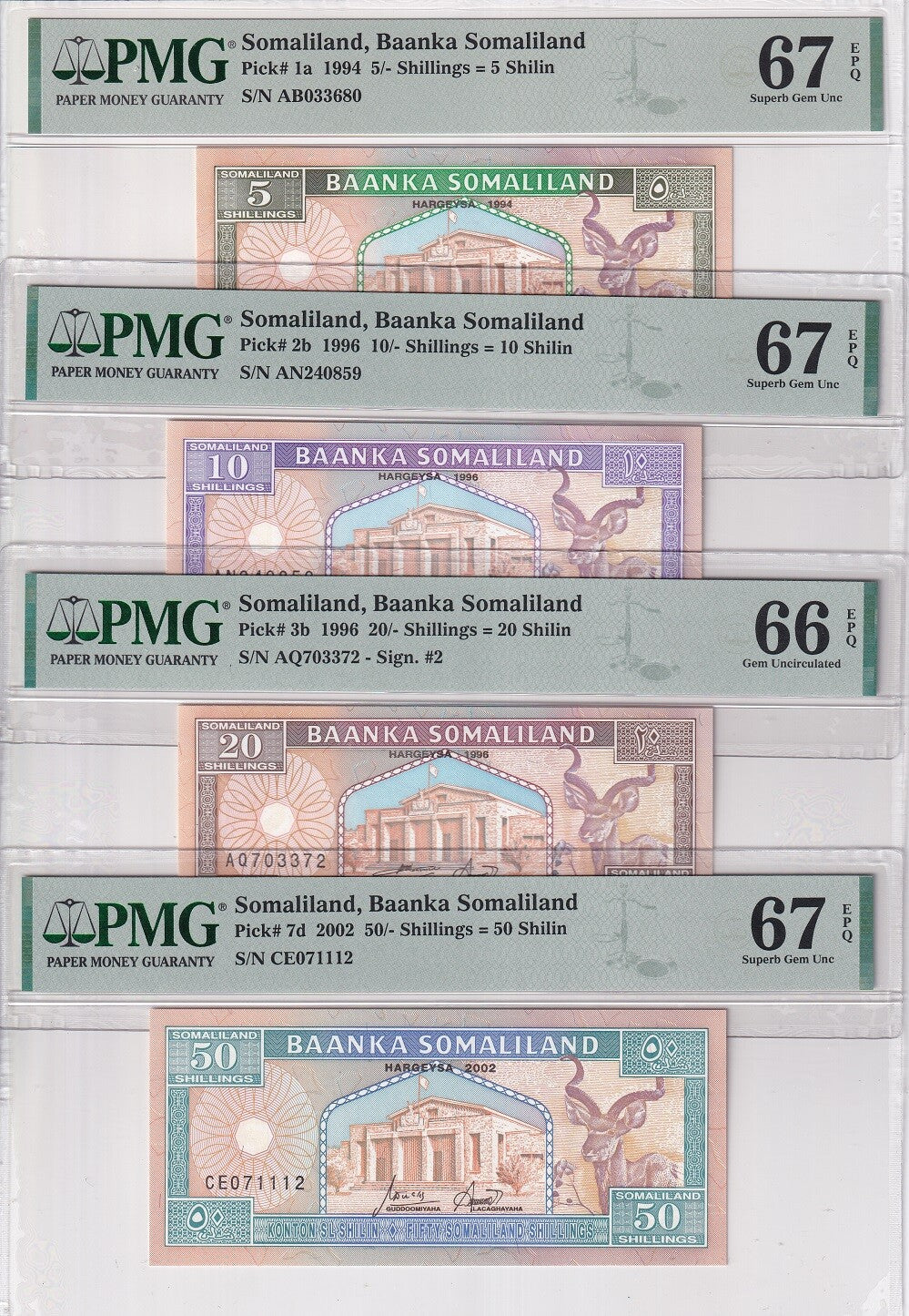 Somaliland Set 4, 5 10 20 50 Shil 1994 P 1 2 3 7 Superb Gem UNC PMG 66 67 EPQ