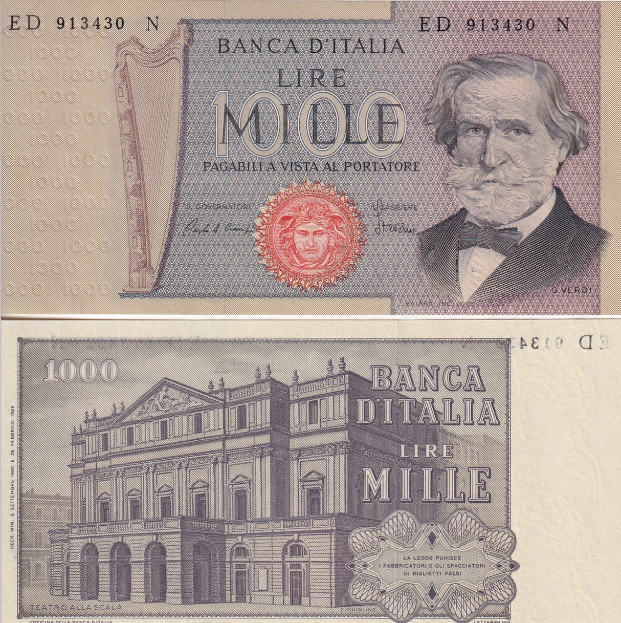 Italy 1000 Lire 1969 P 101 UNC ,Teatro alla Scala, Milan ,Giuseppe Verdi