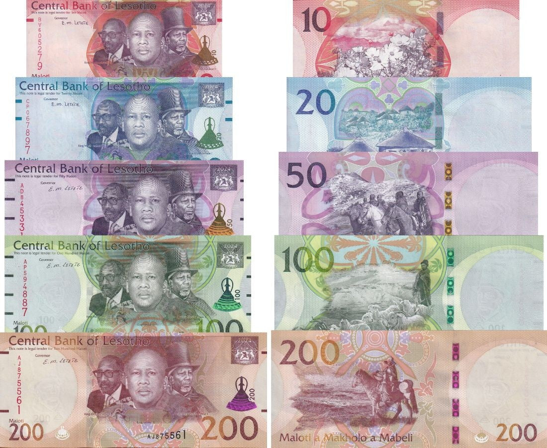 Lesotho SET 5 UNC 10 20 50 100 200 Maloti 2024 2025 P New Hybrid UNC