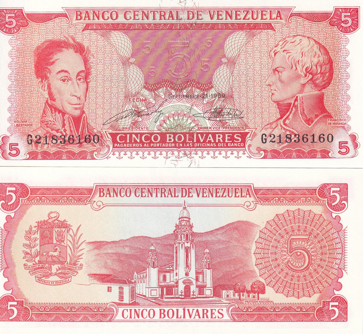 Venezuela 5 Bolivares 1989 P 70 b UNC Lot 10 PCS , Pantheon, Caracas