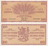 Finland 100 Markka 1957 P 97 UNC , Wheat , Suomen Pankki, Coat of Arms