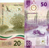 Mexico set 2 Pcs 20 50 Pesos 2021 / 2023 Polymer P 132 133 Mixed Date/Sign UNC