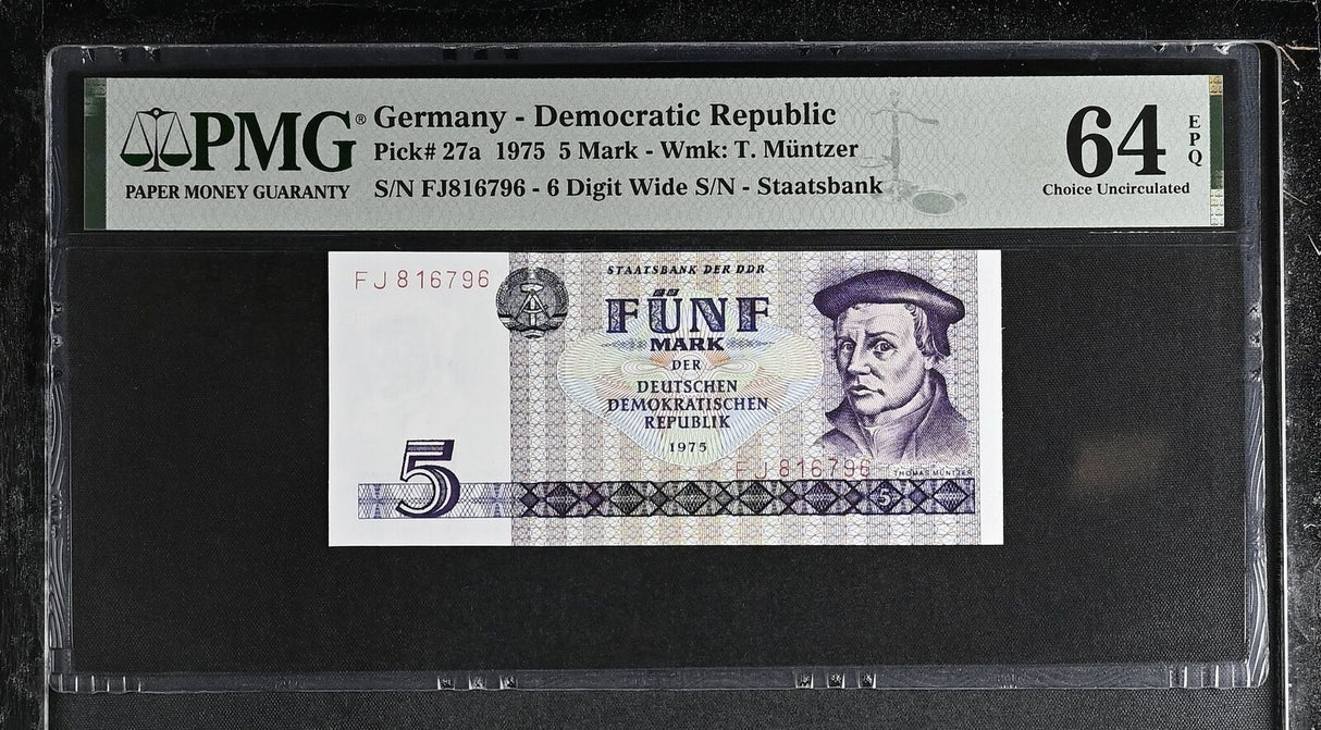 Germany Democratic 5 Mark 1975 P 27 a Choice UNC PMG 64 EPQ