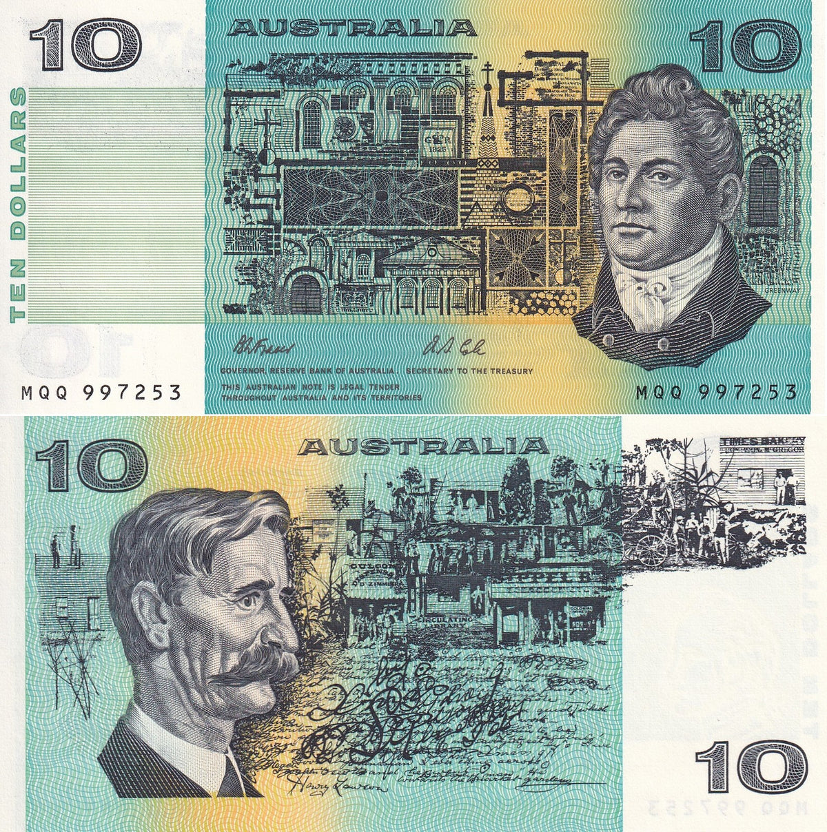 Australia SET 2 UNC 10 Dollars ND 1974-1993 PAPER + Polymer P 45 52 Red W/Folder