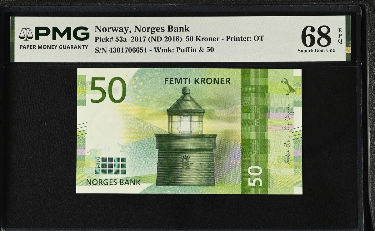 Norway 50 Kroner 2017 ND 2018 P 53 a Superb Gem UNC PMG 68 EPQ