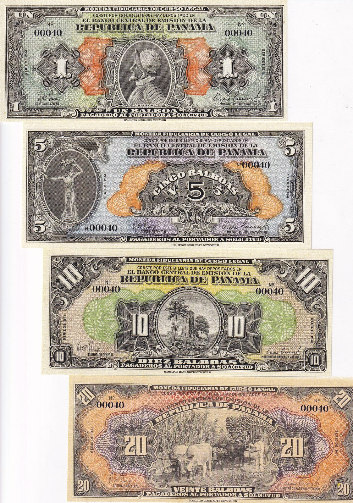 Panama Set 4 Pcs 1 5 10 20 Balboas 1941-2025 Copia Fascimil Fantasy