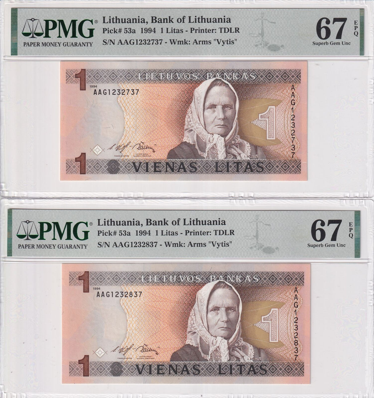 Lithuania SET 2 ,1 Litas 1994 P 53 a Near same number Superb Gem UNC PMG 67 EPQ